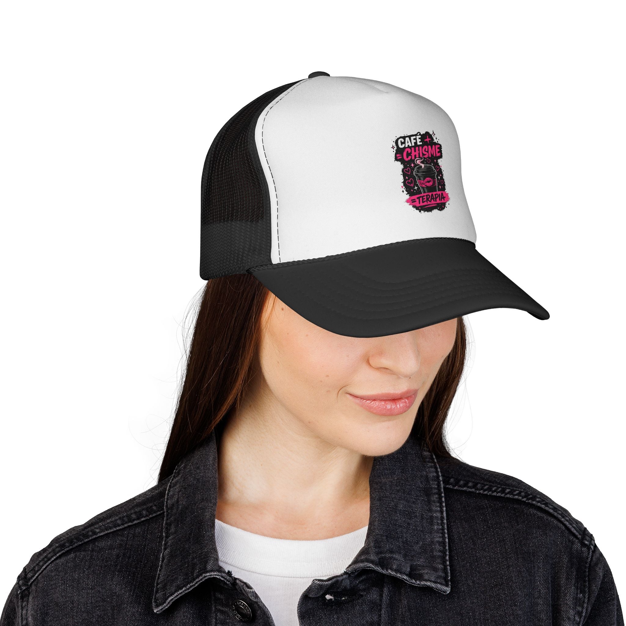 Trucker Cap — "Café + Chisme = Terapia" Graphic Mesh Hat