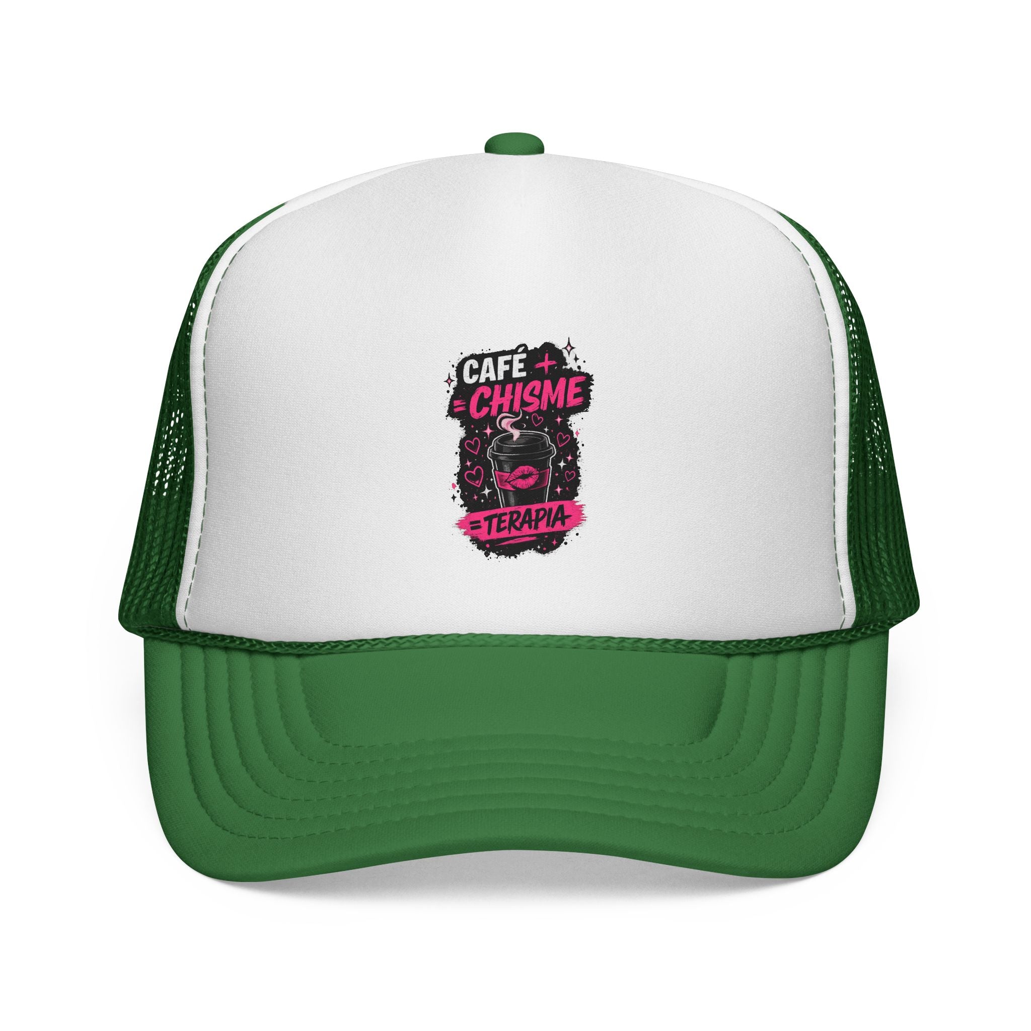 Trucker Cap — "Café + Chisme = Terapia" Graphic Mesh Hat