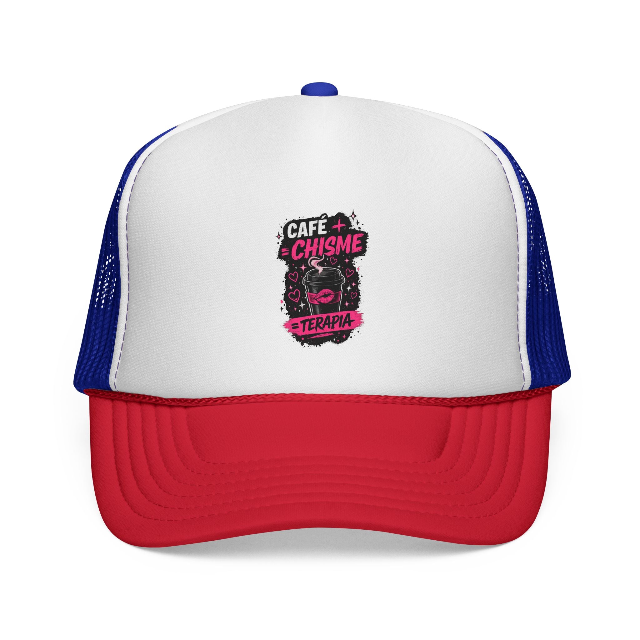 Trucker Cap — "Café + Chisme = Terapia" Graphic Mesh Hat