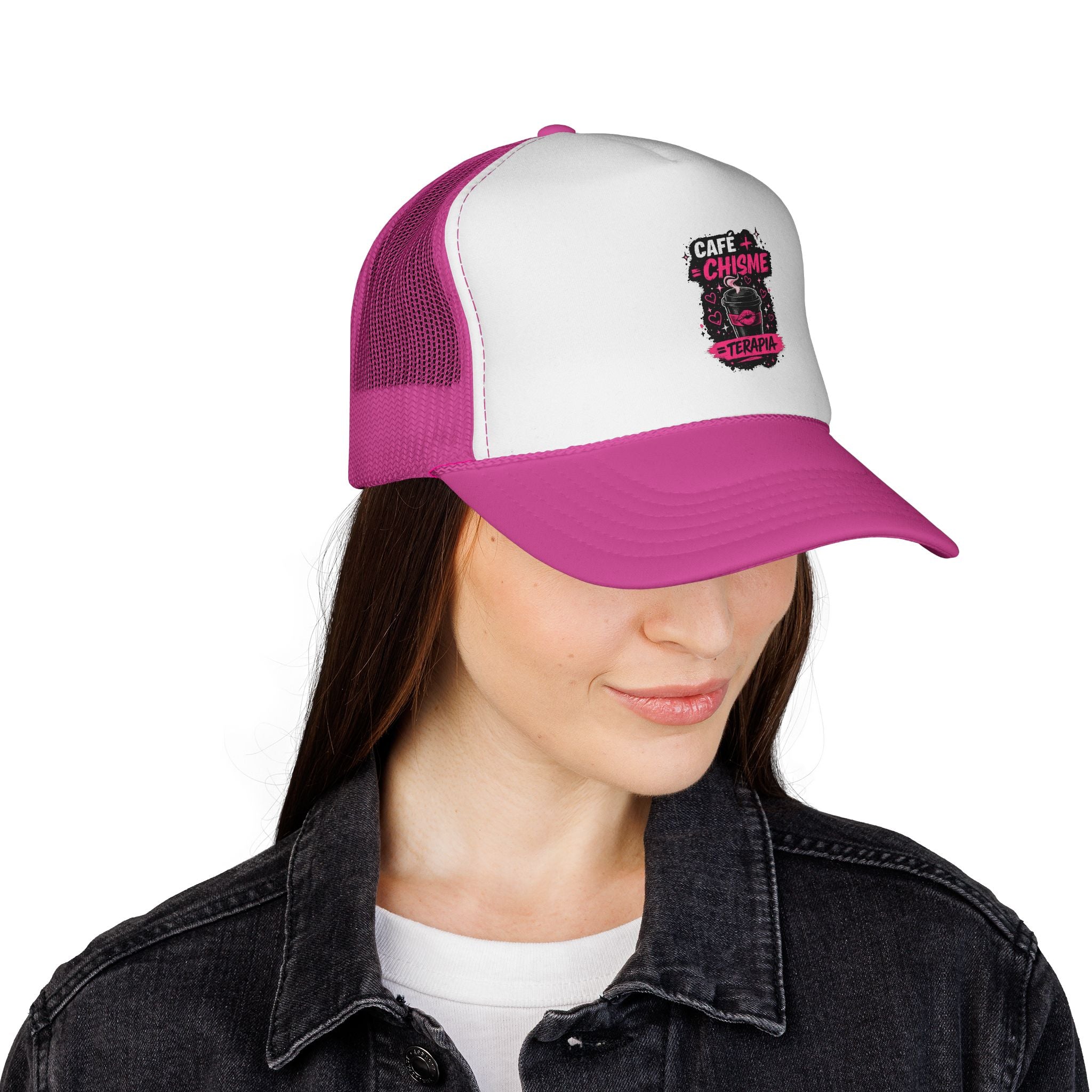 Trucker Cap — "Café + Chisme = Terapia" Graphic Mesh Hat