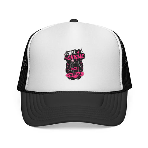 Trucker Cap — "Café + Chisme = Terapia" Graphic Mesh Hat