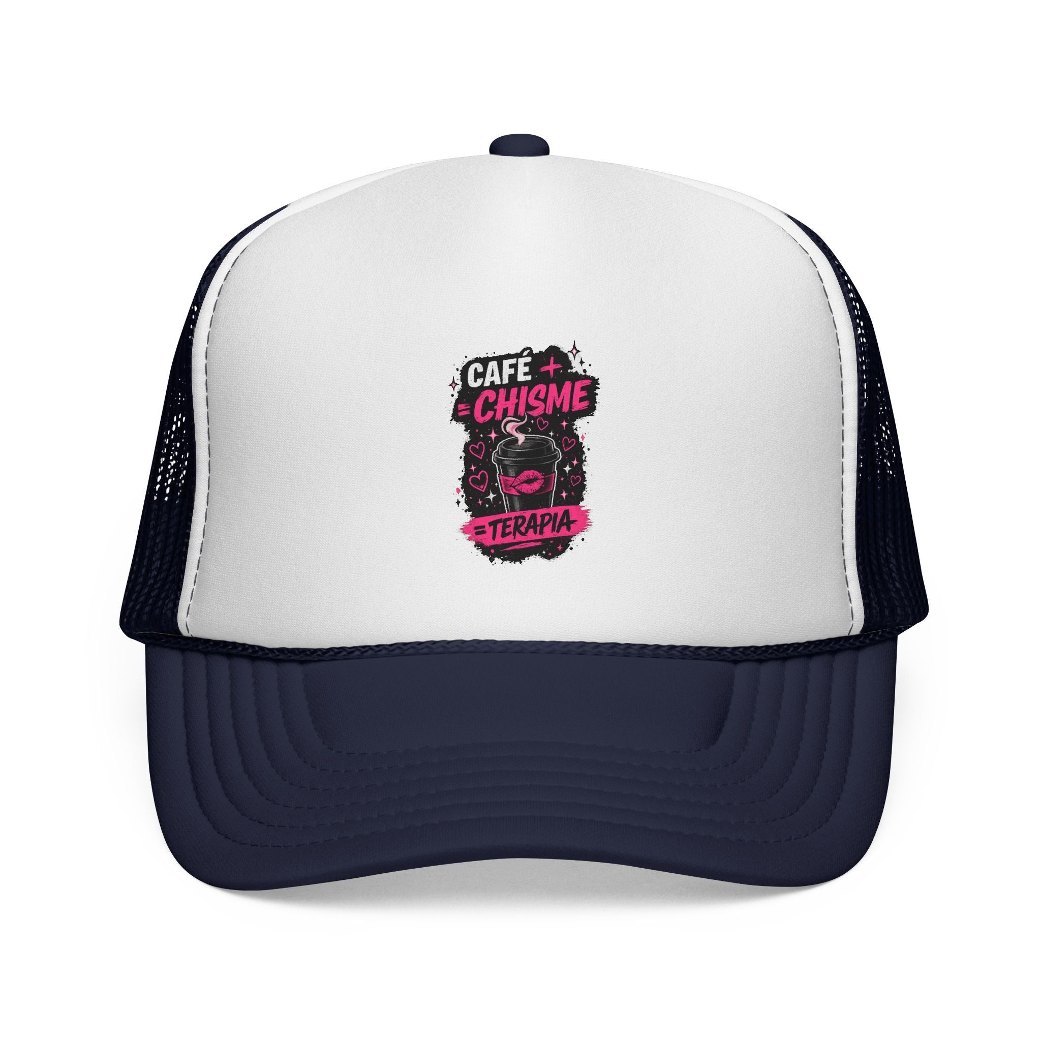 Trucker Cap — "Café + Chisme = Terapia" Graphic Mesh Hat