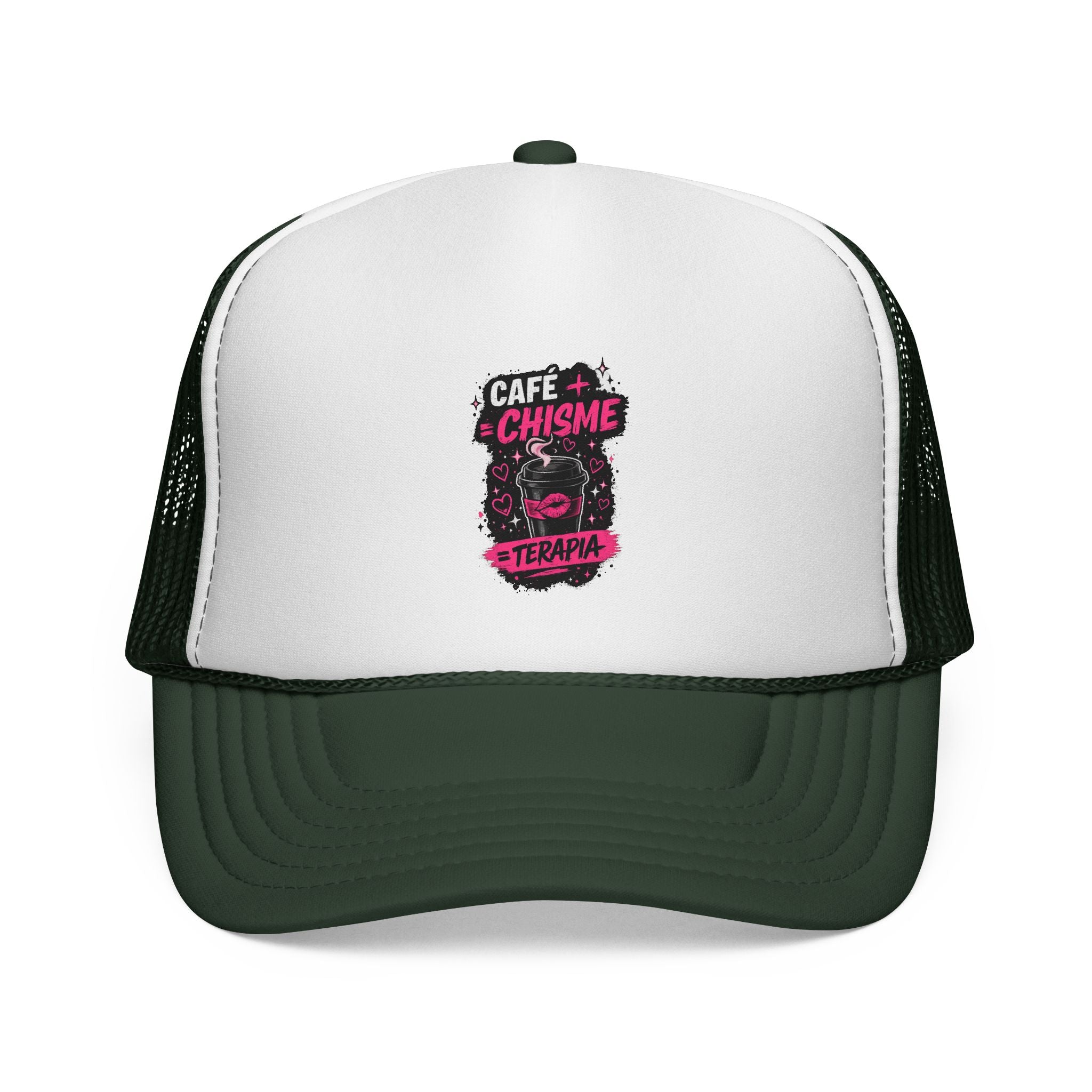 Trucker Cap — "Café + Chisme = Terapia" Graphic Mesh Hat